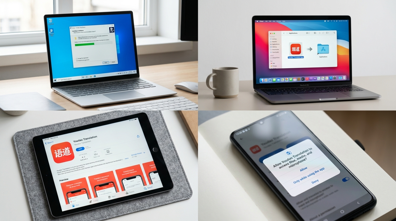 有道翻译在Windows、Mac、iOS和Android四个平台的安装与设置关键界面截图
