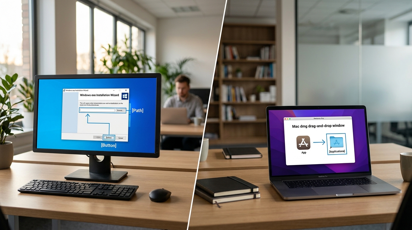 有道翻译下载后 Windows exe 与 Mac dmg 安装步骤图解对比
