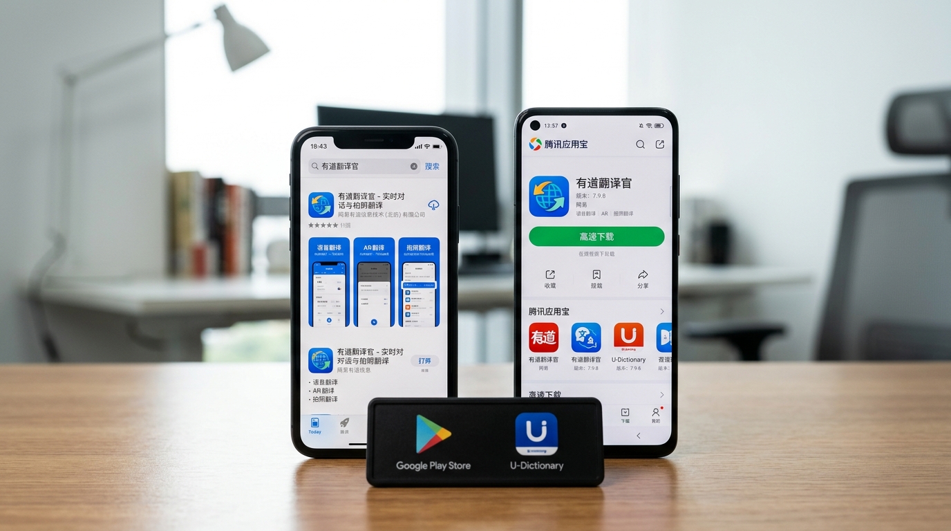 有道翻译下载安卓iOS商店搜索路径示意