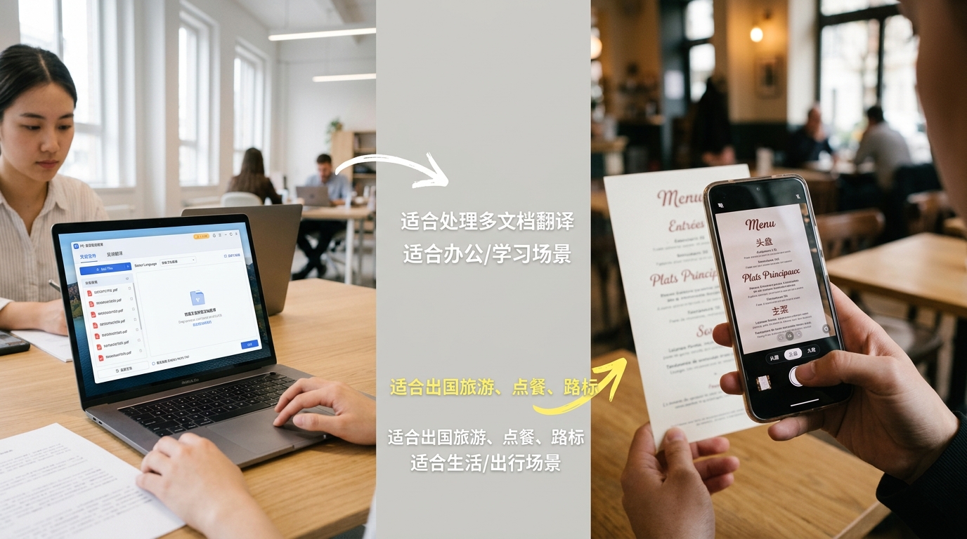 有道翻译下载 PC 端与移动端场景选择对比