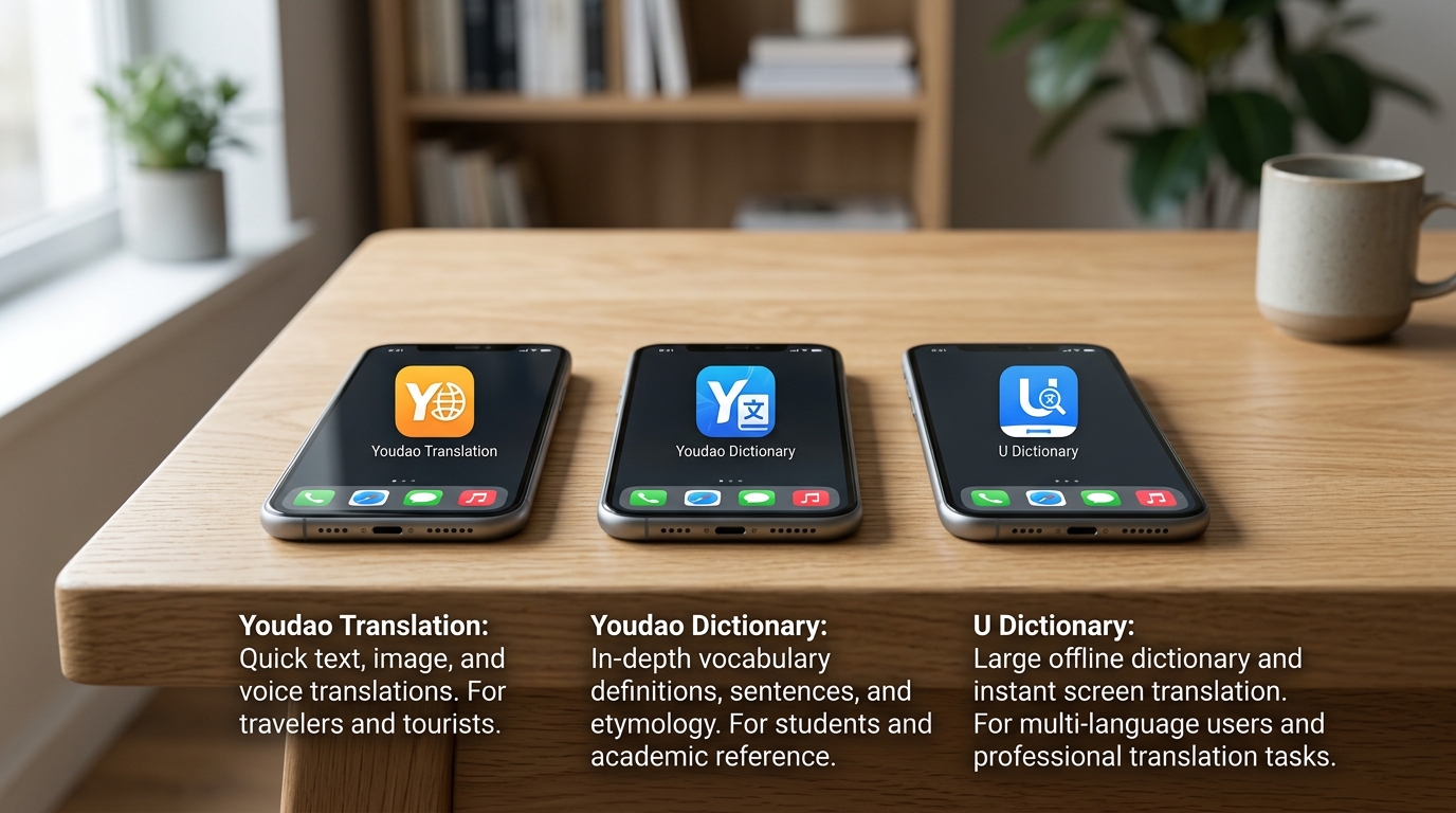有道翻译下载与有道词典、U Dictionary三款产品对比