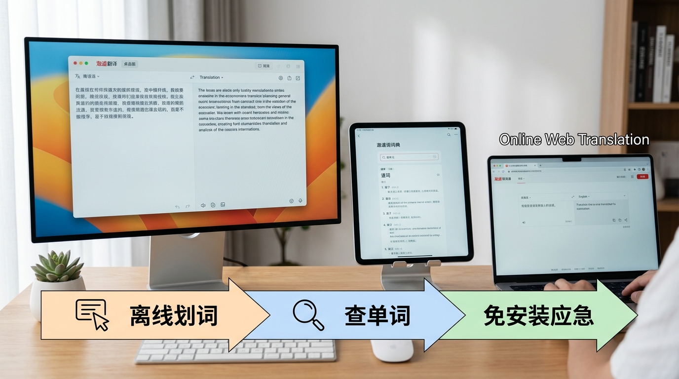 有道翻译电脑版与有道词典、在线网页版功能定位对比图